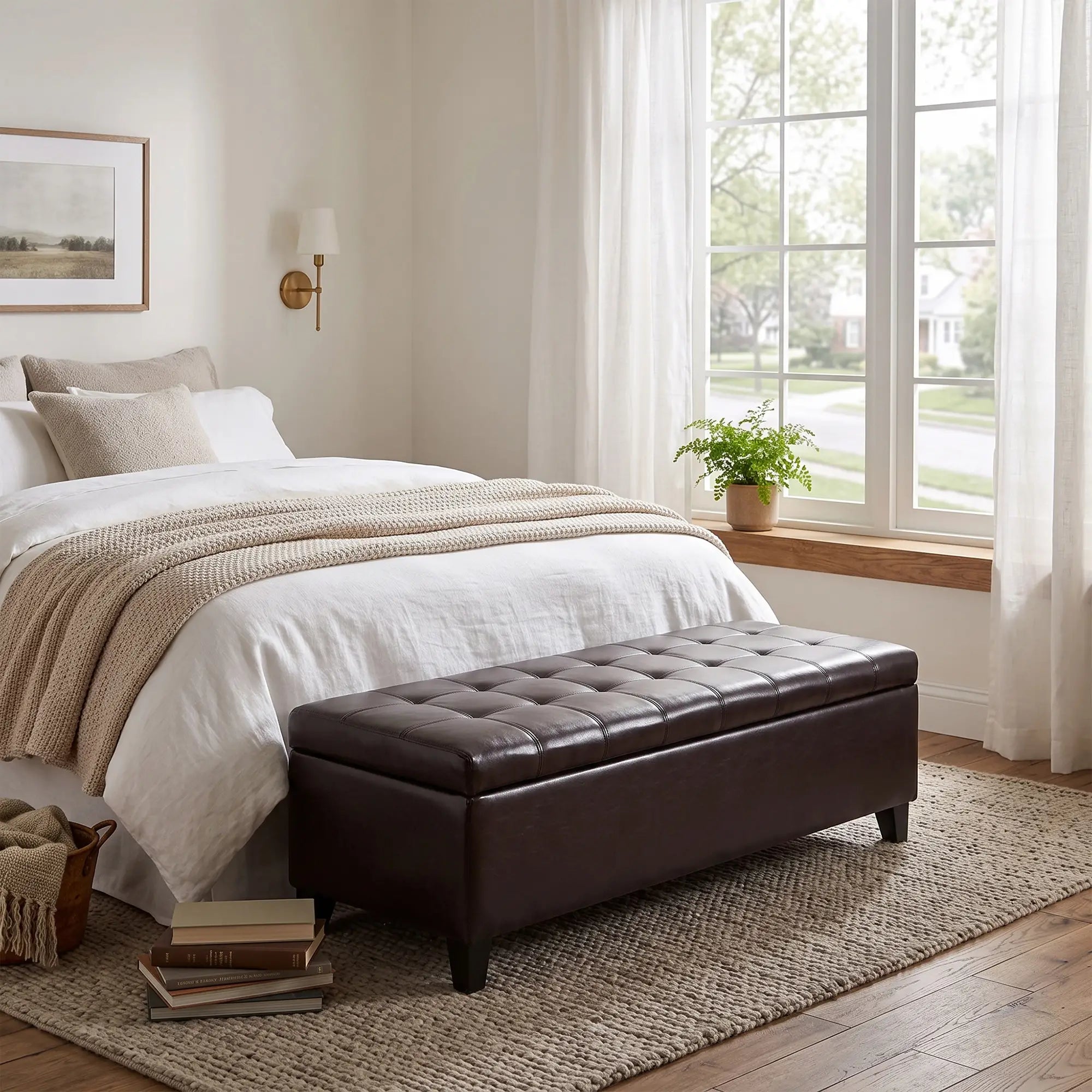 Storage Ottoman Bench, 51 Inches PU Leather, Solid Wood Legs, Brown Storage Ottomans & Benches at Gallery Canada