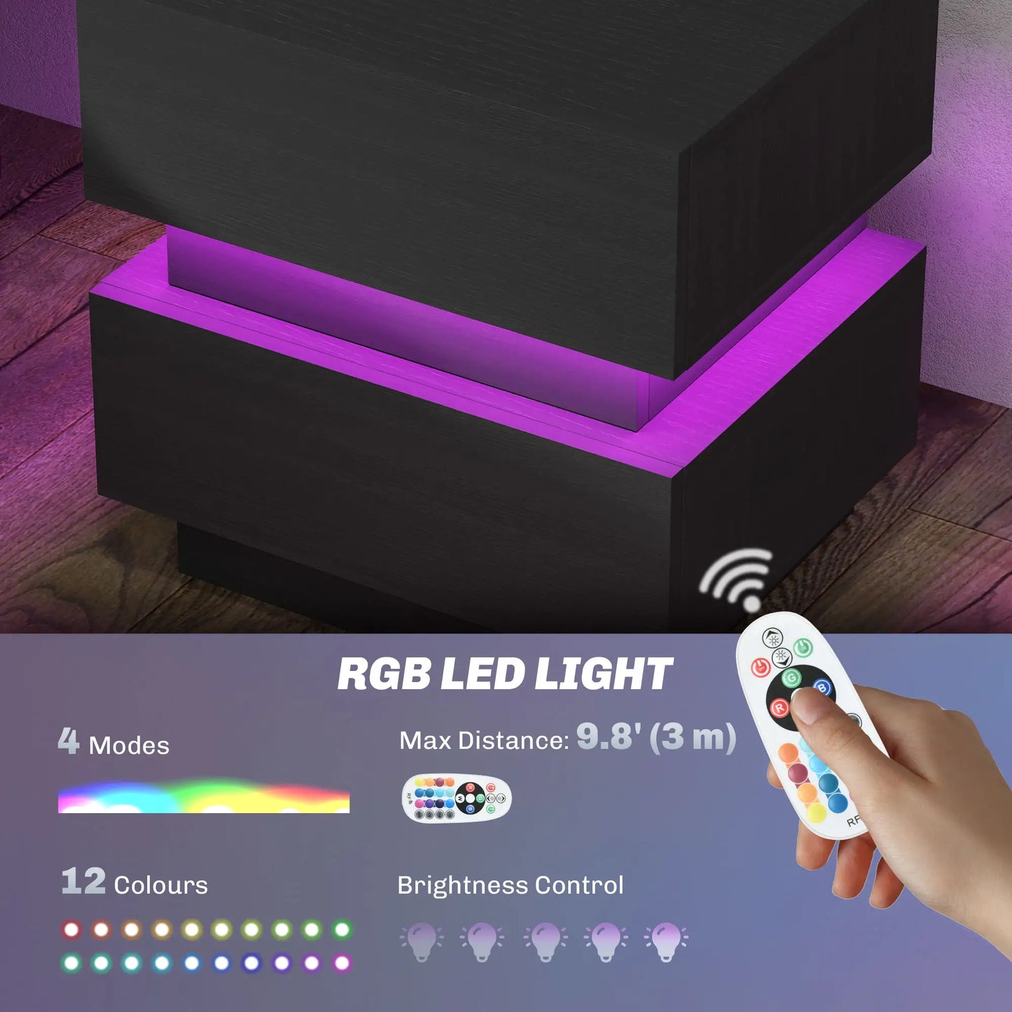 Modern Bedside Table with Charging Station, LED Light, USB Ports, Black Bedside Tables at Gallery Canada
