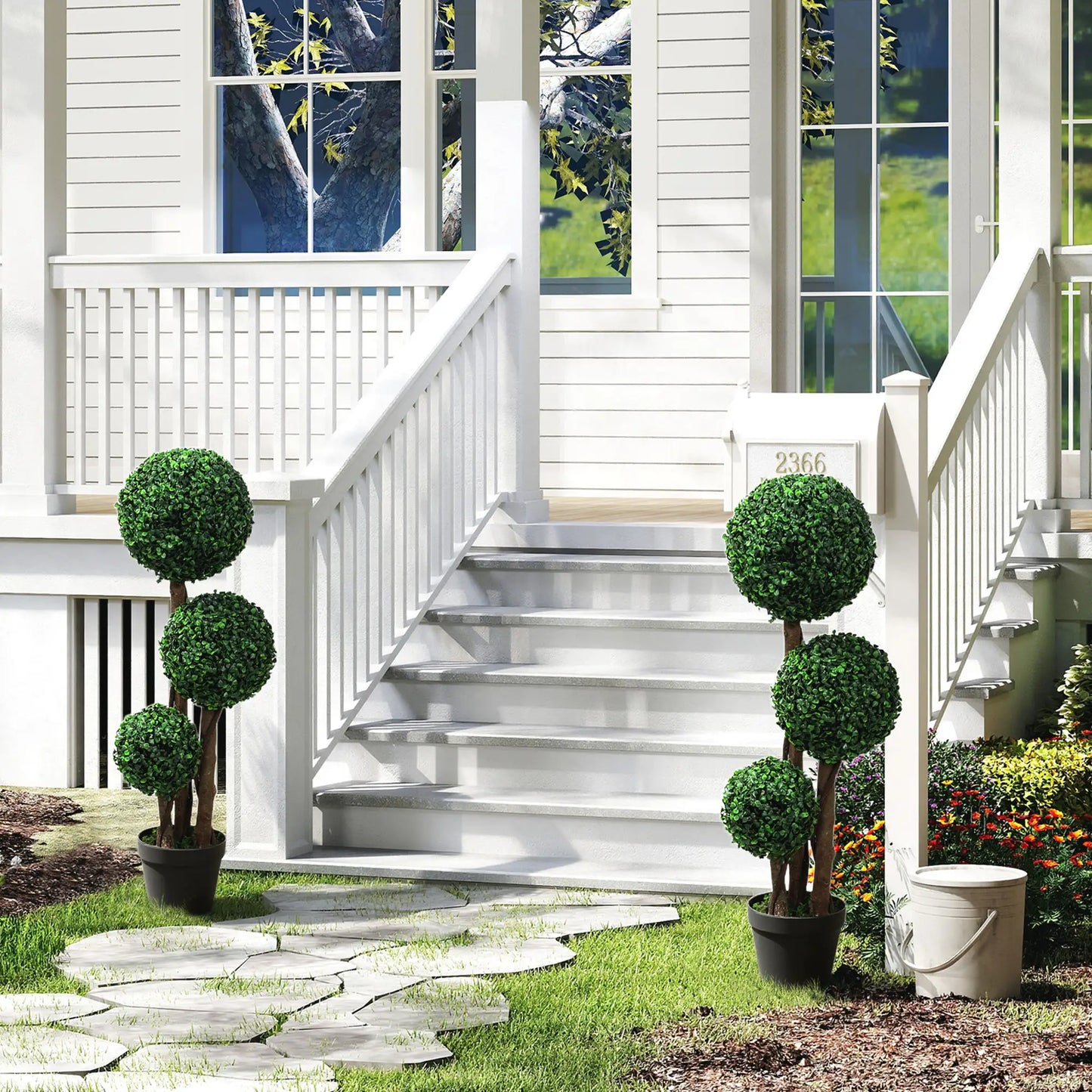 35 Inch Artificial Boxwood Topiary Tree Set of 2, Indoor Outdoor, Green Artificial Trees at Gallery Canada