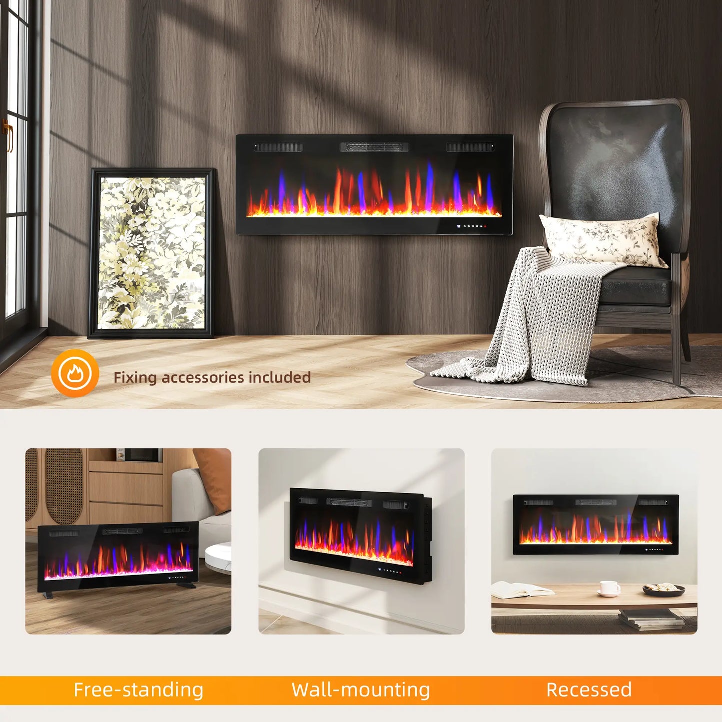 50" Thin Electric Fireplace, Freestanding, Wall Mounted Heater, Eco Mode, Auto Switch, Remote, 1500W Electric Fireplaces at Gallery Canada
