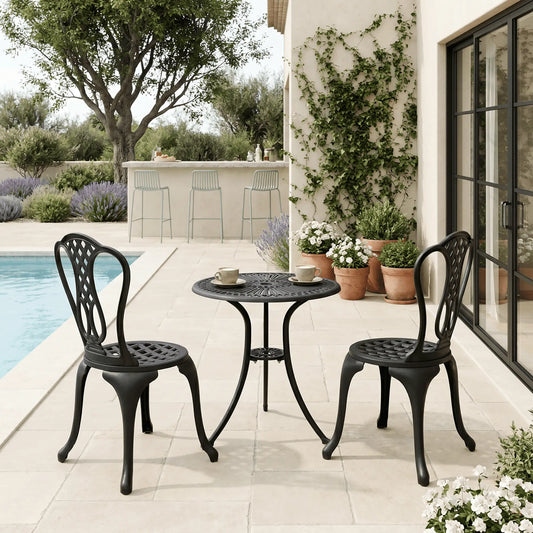 Ensemble Bistro Antique 3 Pièces pour Extérieur, en Aluminium Coulé, Noir