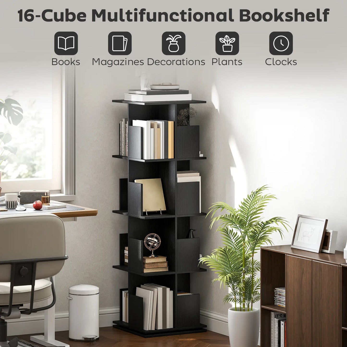 360° Rotating Bookcase, 4 Tier Bookshelf with 16 Cubbies, Black Wood Grain, Black Display Bookshelves at Gallery Canada