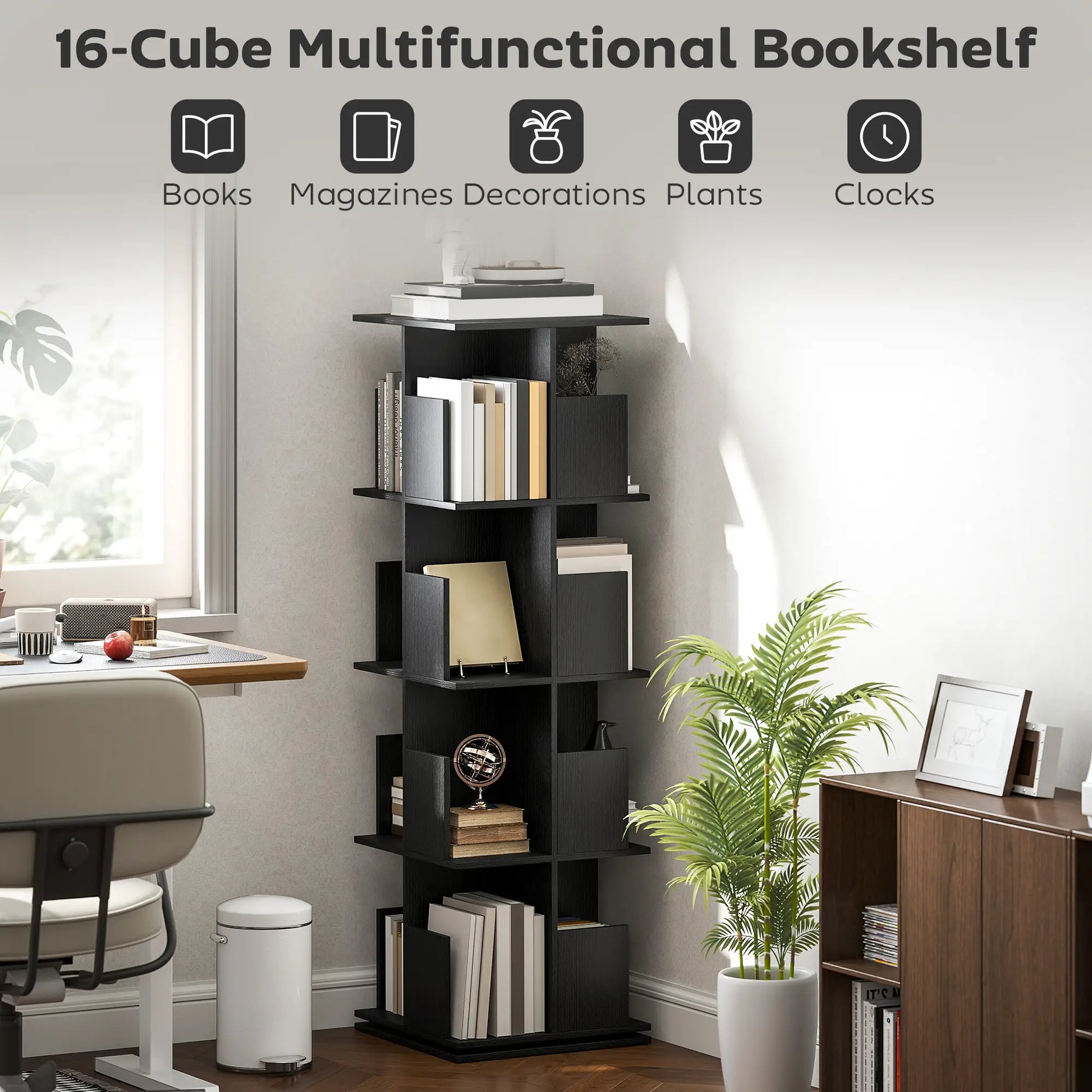 360° Rotating Bookcase, 4 Tier Bookshelf with 16 Cubbies, Black Wood Grain, Black Display Bookshelves at Gallery Canada