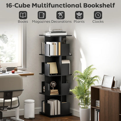 360° Rotating Bookcase, 4 Tier Bookshelf with 16 Cubbies, Black Wood Grain, Black Display Bookshelves at Gallery Canada