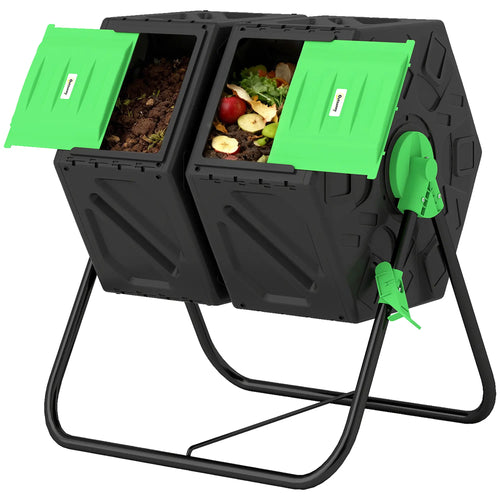 Rotating Composter, Dual Chamber Bin, 24 Vents, Steel Legs, 34.5 Gallon, Green
