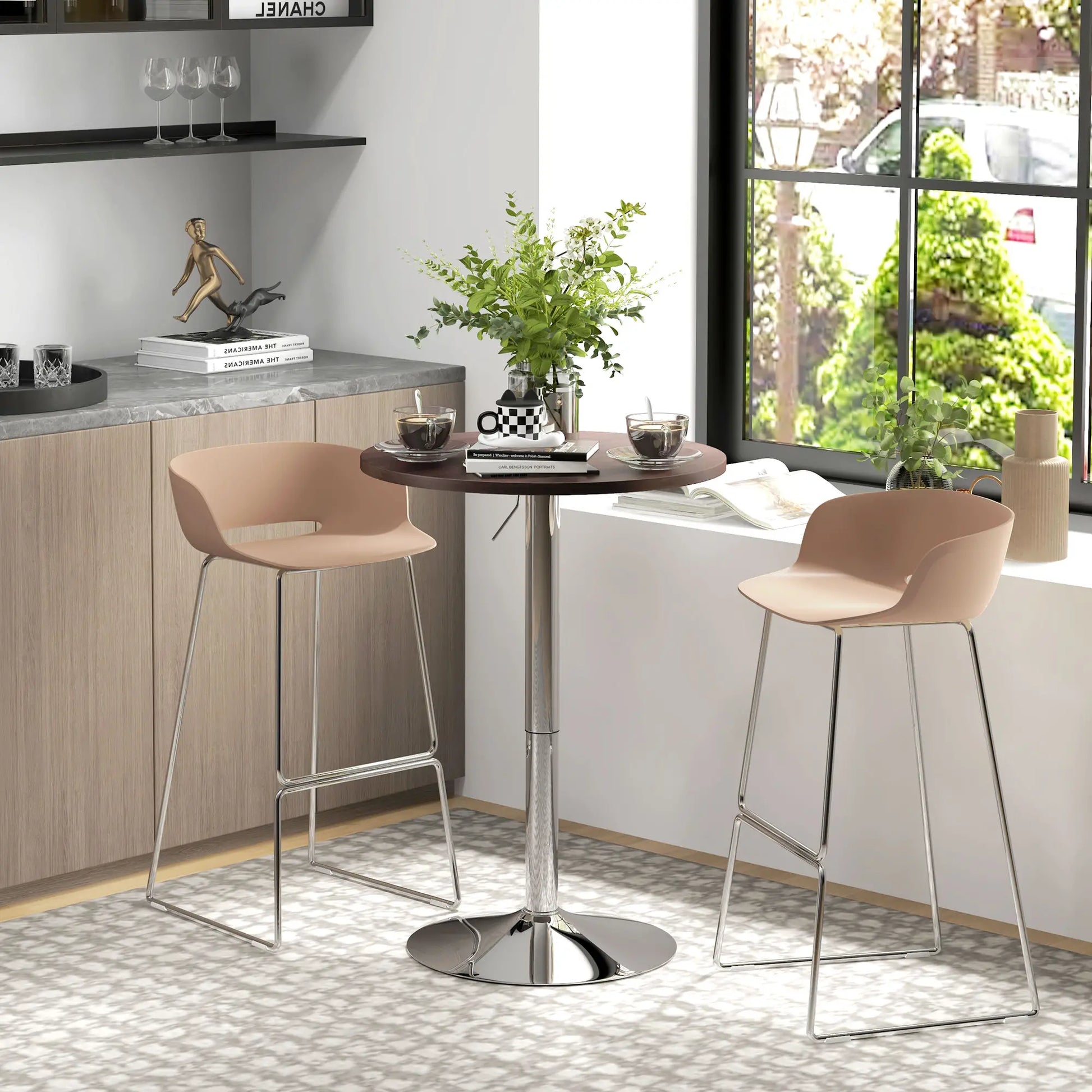 Adjustable Round High Top Bar Table, Swivel Top, Steel Base, Walnut Bar Tables & Dining Tables at Gallery Canada