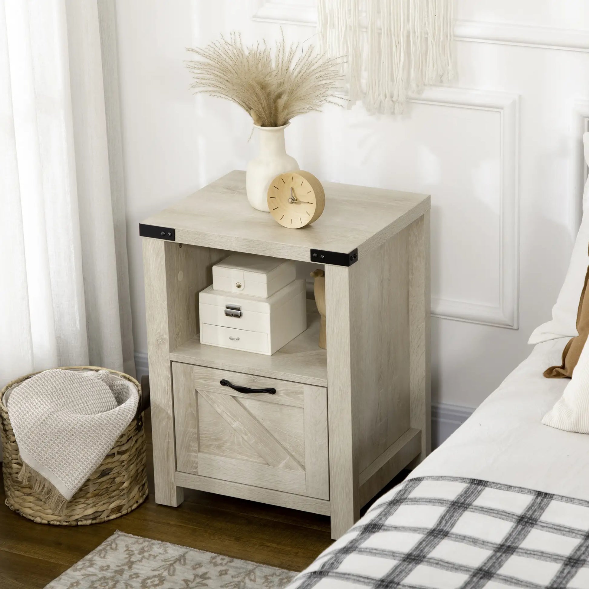 Farmhouse Side Table with Drawer, Open Shelf, Oak, 24.8x17.7x23.6 Side Tables at Gallery Canada