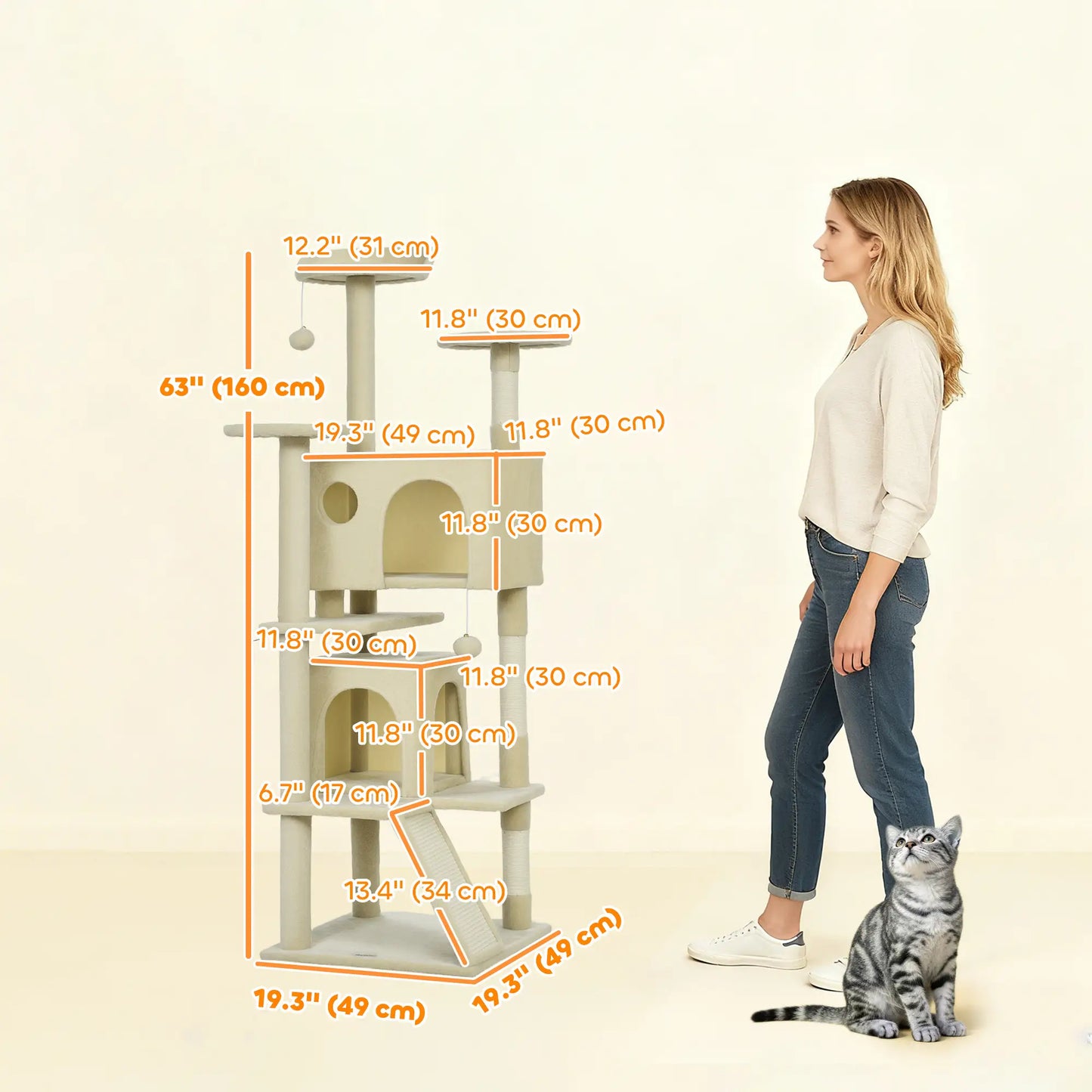 63" Cat Tree, Multi-Level Cat Tower With Scratching Posts, Bed, Cream White