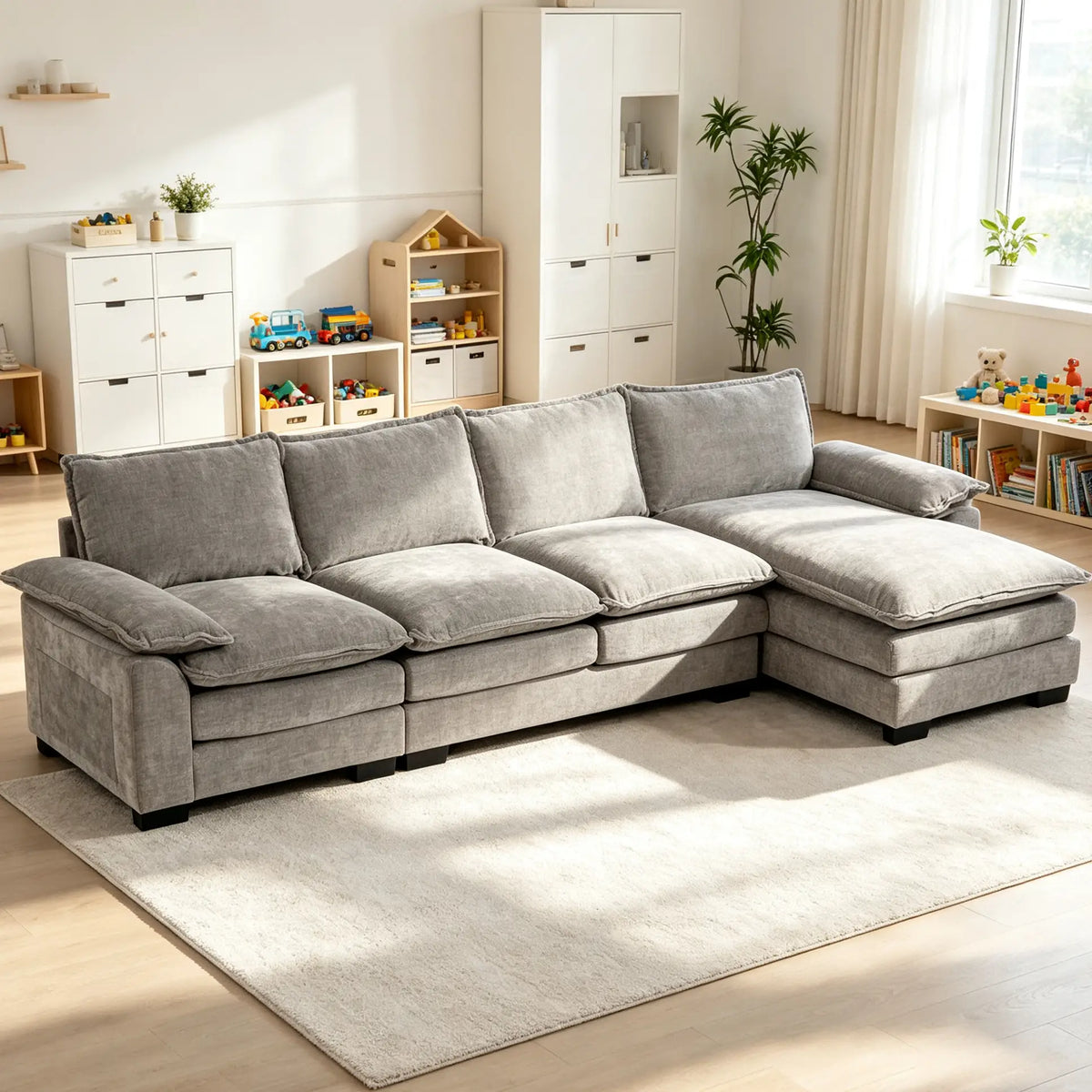 Chenille L-Shaped Sofa with Chaise Lounge, Double-Layer Seat Cushion, Grey Sofas & Reclining Chairs at Gallery Canada