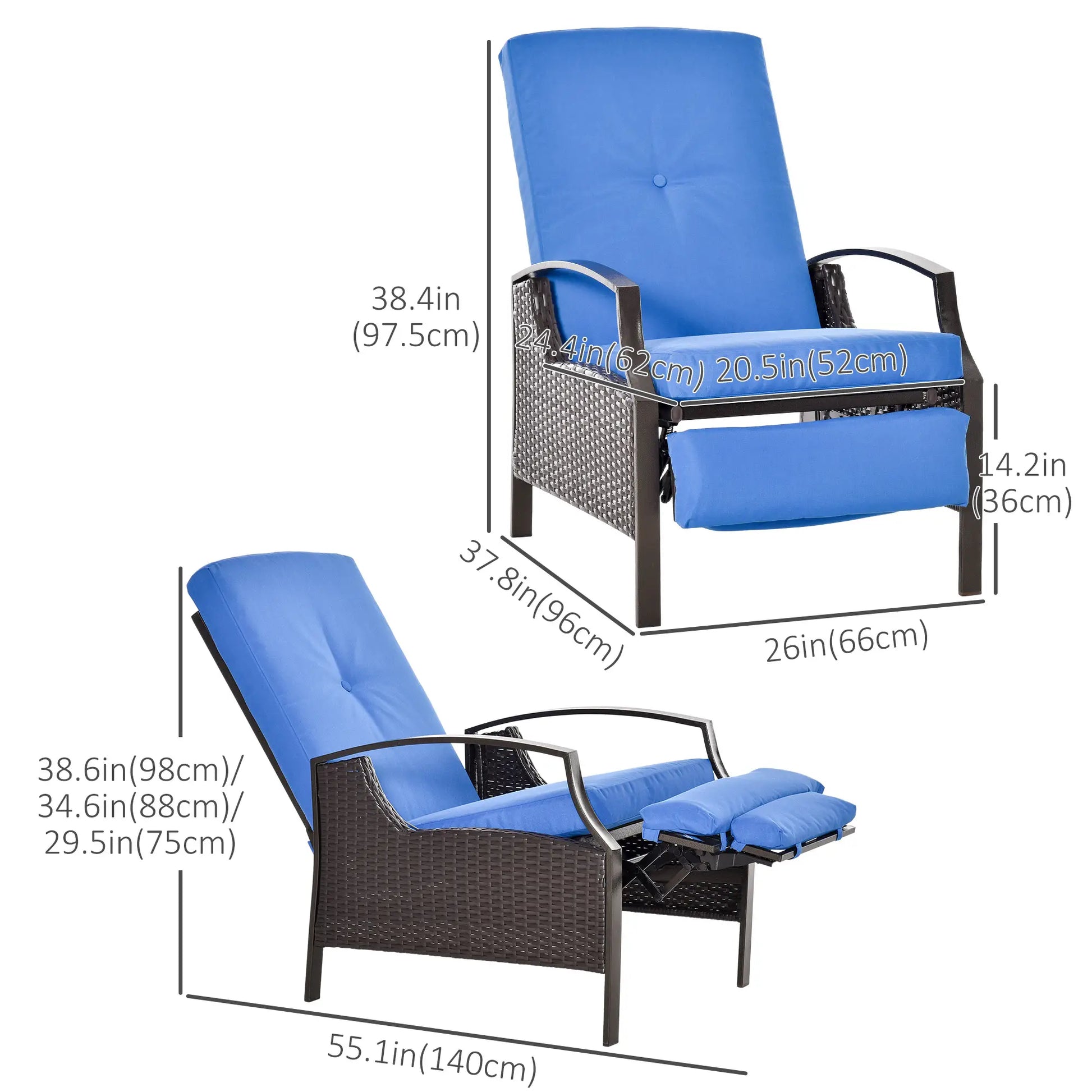 Outdoor Rattan Recliner Chair, Adjustable Back, Retractable Footrest, Blue Chaise Loungers at Gallery Canada