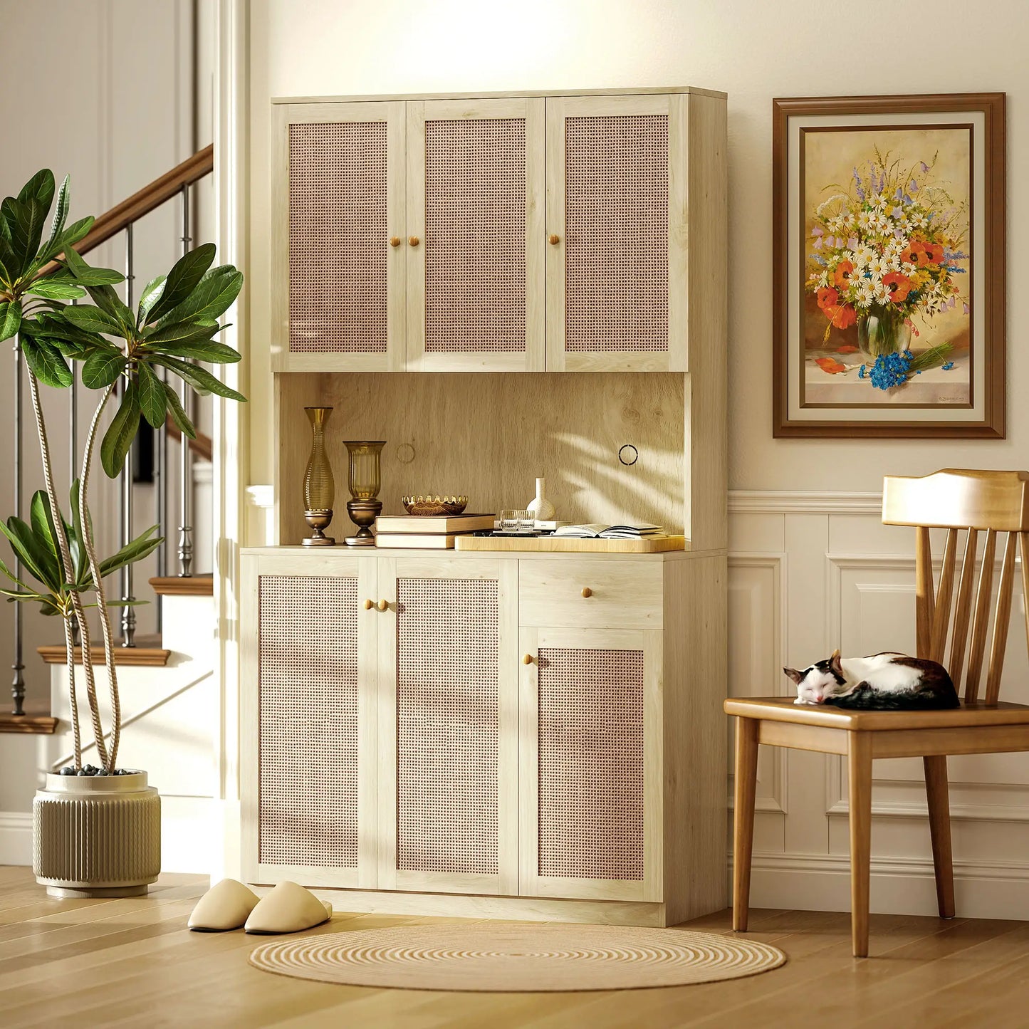 71" Kitchen Hutch with Microwave Countertop, Boho Pantry Cabinet, Rattan Doors, Natural Kitchen Pantry Cabinets at Gallery Canada