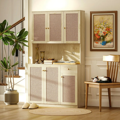 71" Kitchen Hutch with Microwave Countertop, Boho Pantry Cabinet, Rattan Doors, Natural Kitchen Pantry Cabinets at Gallery Canada