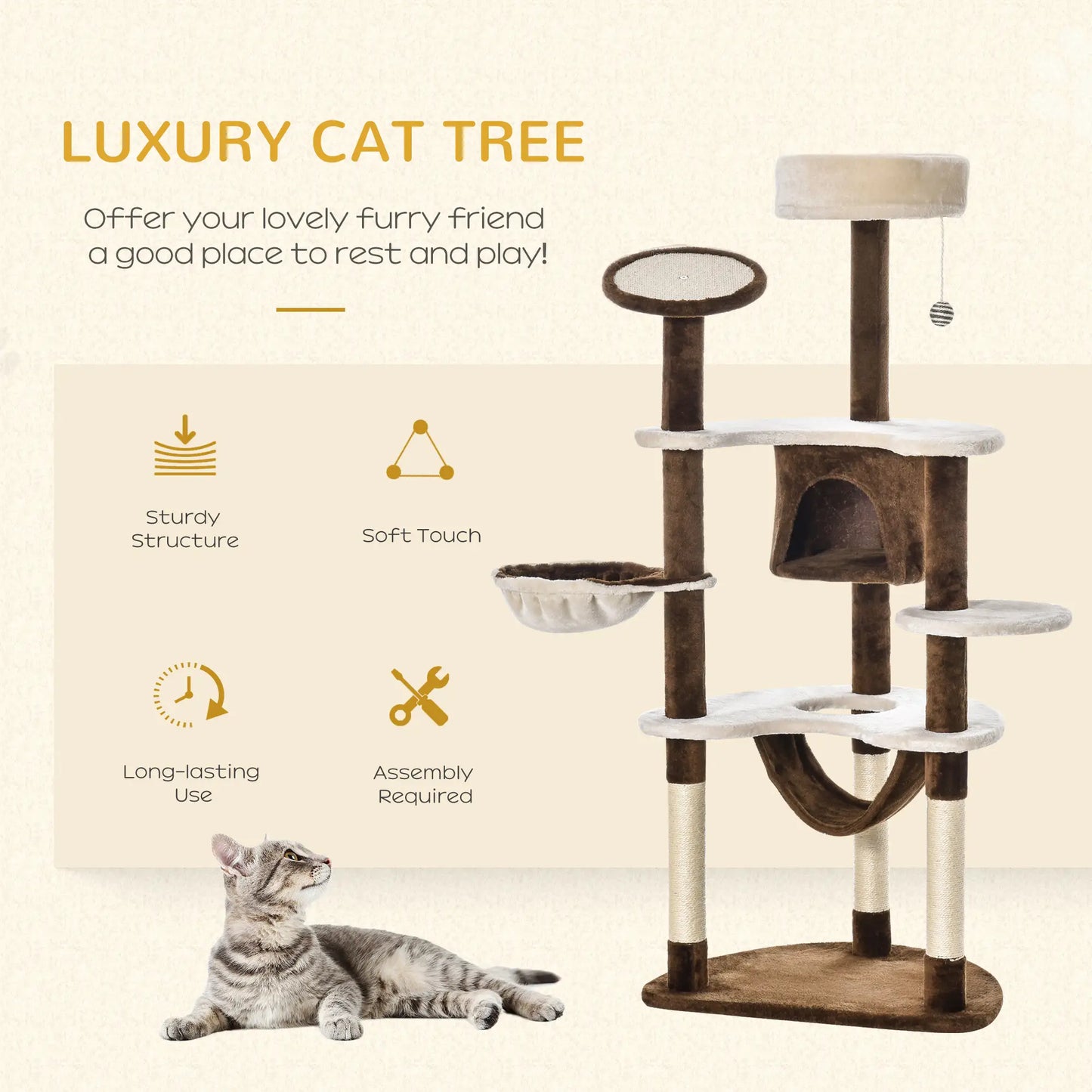 60" Cat Scratching Tree, Cat Bed Condo, Beige & Brown Cat Towers at Gallery Canada