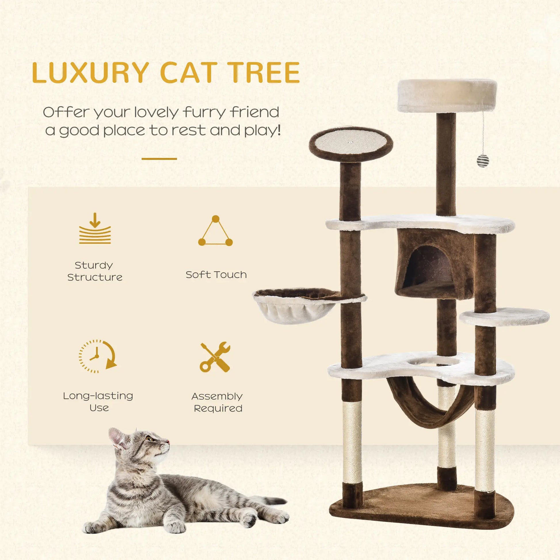 60" Cat Scratching Tree, Cat Bed Condo, Beige & Brown Cat Towers at Gallery Canada