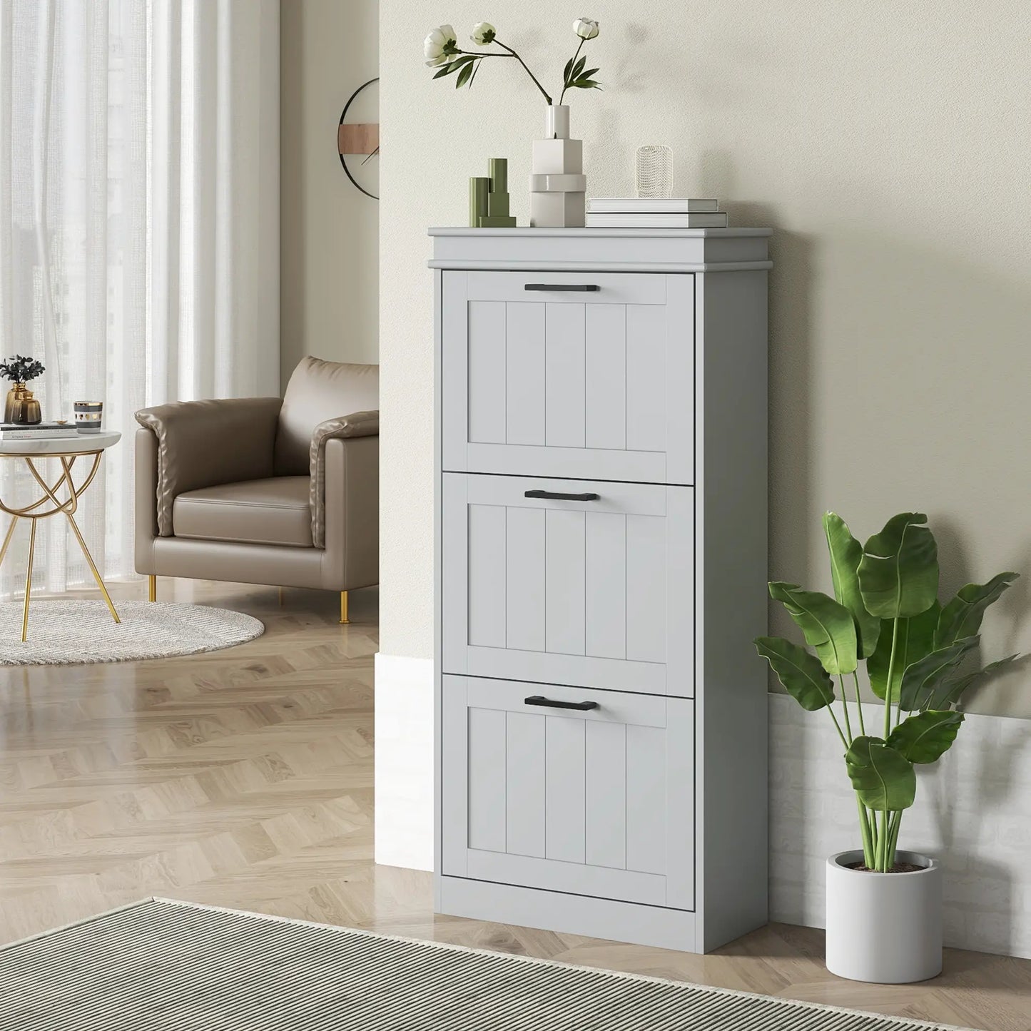 Slim Shoe Cabinet with 3 Flip Drawers and Adjustable Shelves, Narrow Shoe Cabinet for 15 Pairs of Shoes, Grey Shoe Storage Cabinets & Racks at Gallery Canada