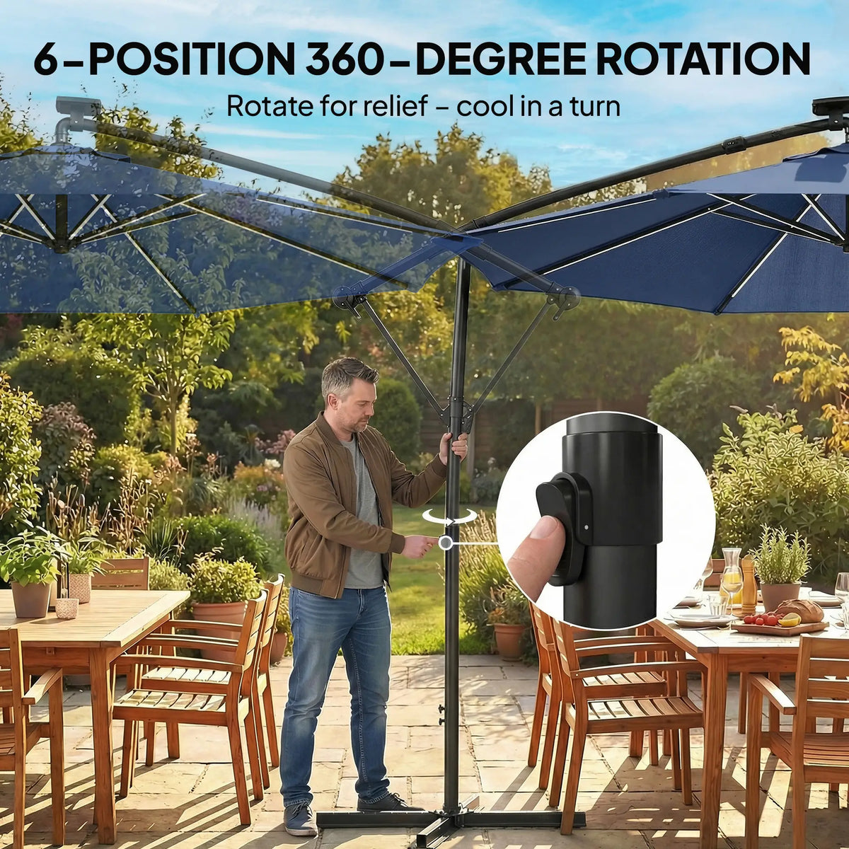 10 ft Offset Patio Umbrella, Solar Light, 360° Rotation, Tilt, Cover, Navy Blue Offset Cantilever Umbrellas at Gallery Canada