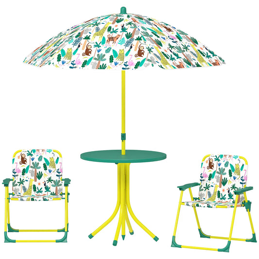 Kids Picnic Table Set, 2 Folding Chairs, Umbrella, Green Kids Outdoor Furniture Green, Yellow, White at Gallery Canada