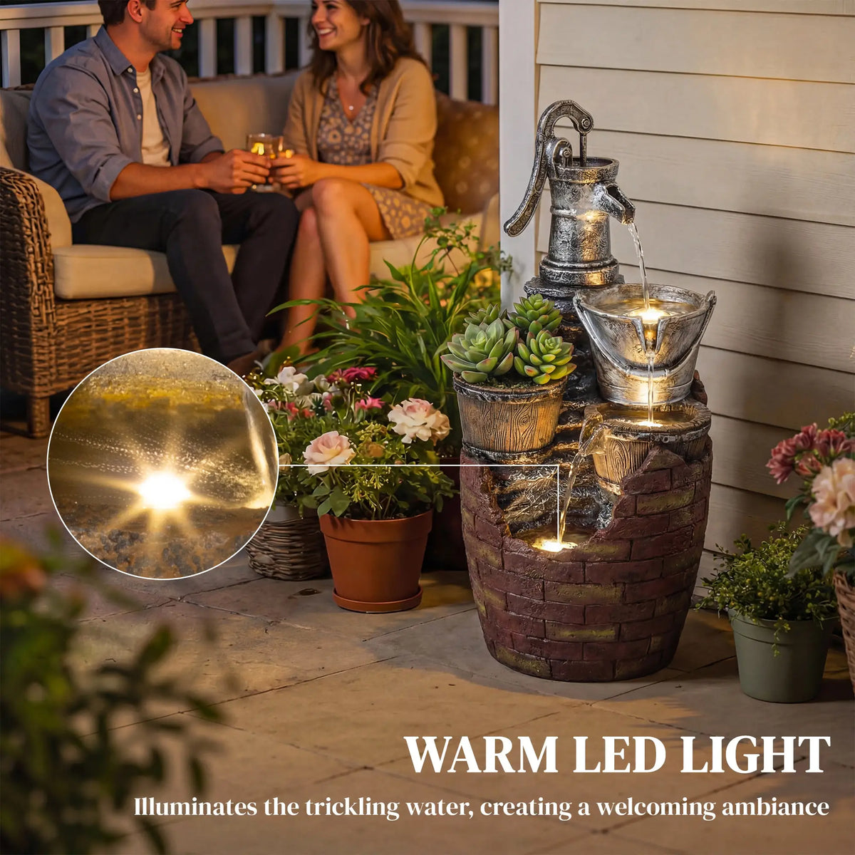 4-Tier Outdoor Fountain With Planter, Cascading Waterfall, LED Lights, Rustic Brown And Grey Water Fountains at Gallery Canada