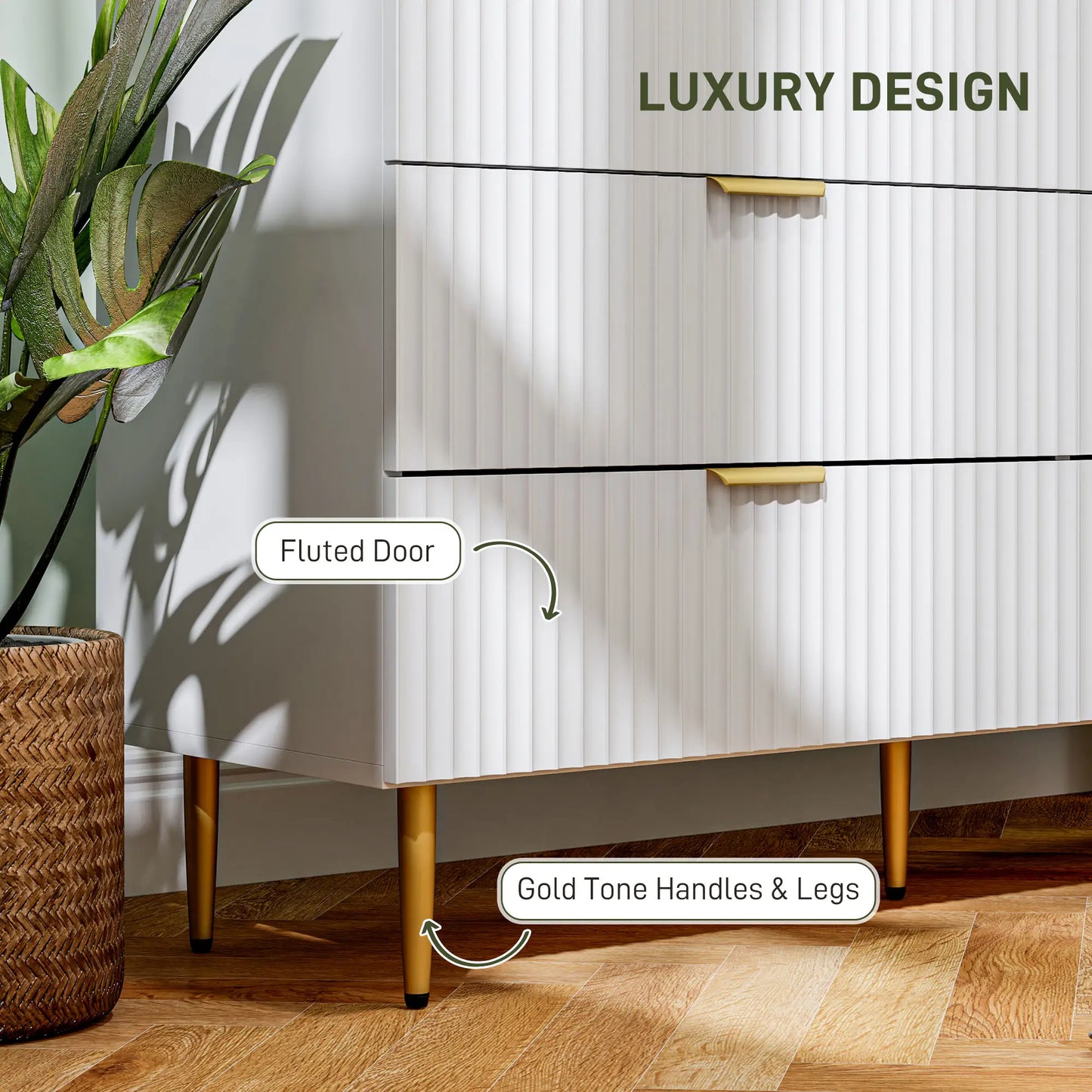 Modern 6 Drawer Dresser, Gold Legs and Handles, White Storage Cabinets at Gallery Canada