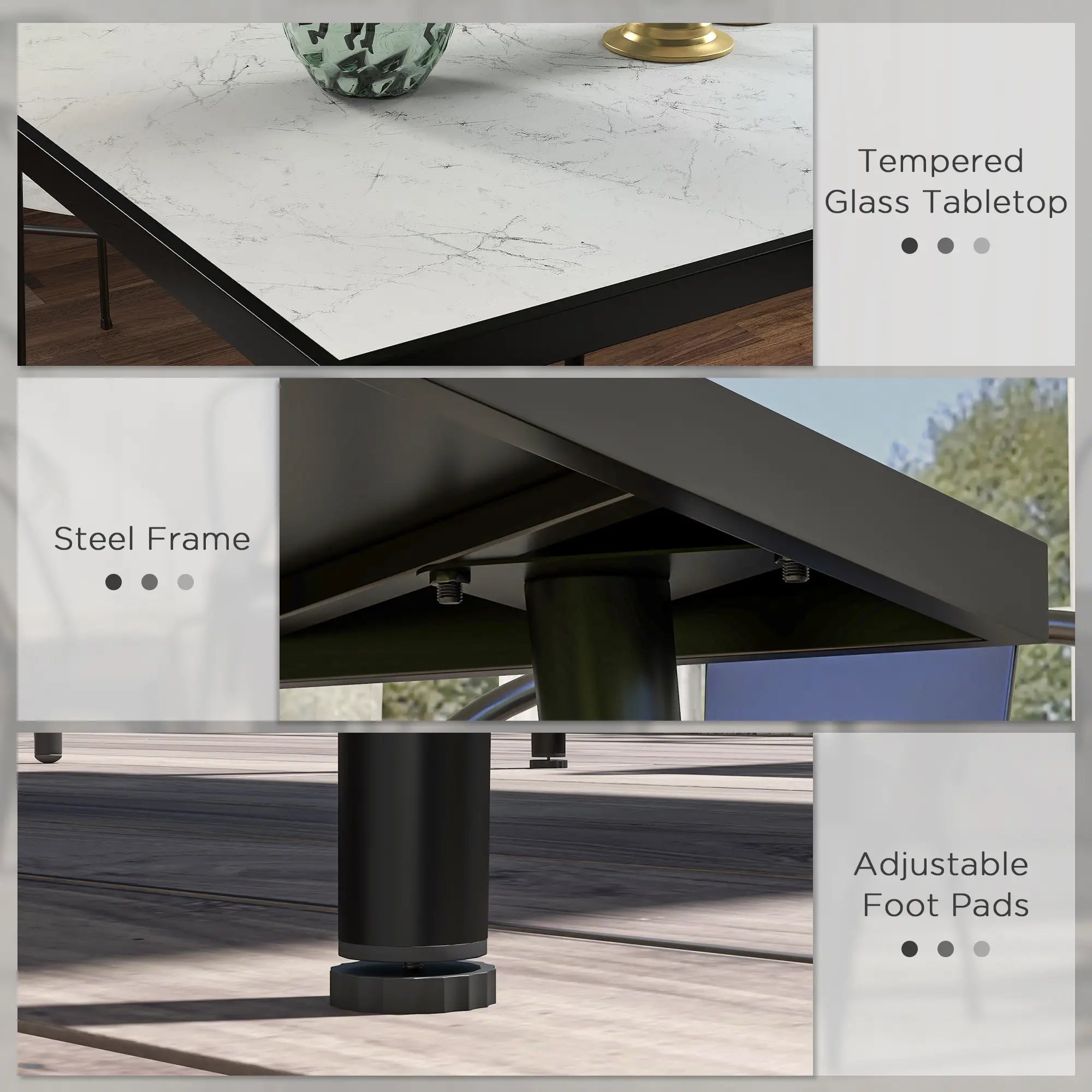 Square Outdoor Dining Table for 4, Marble Effect Glass Top, Steel Frame, White Patio Dinning Tables at Gallery Canada