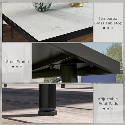 Square Outdoor Dining Table for 4, Marble Effect Glass Top, Steel Frame, White Patio Dinning Tables at Gallery Canada