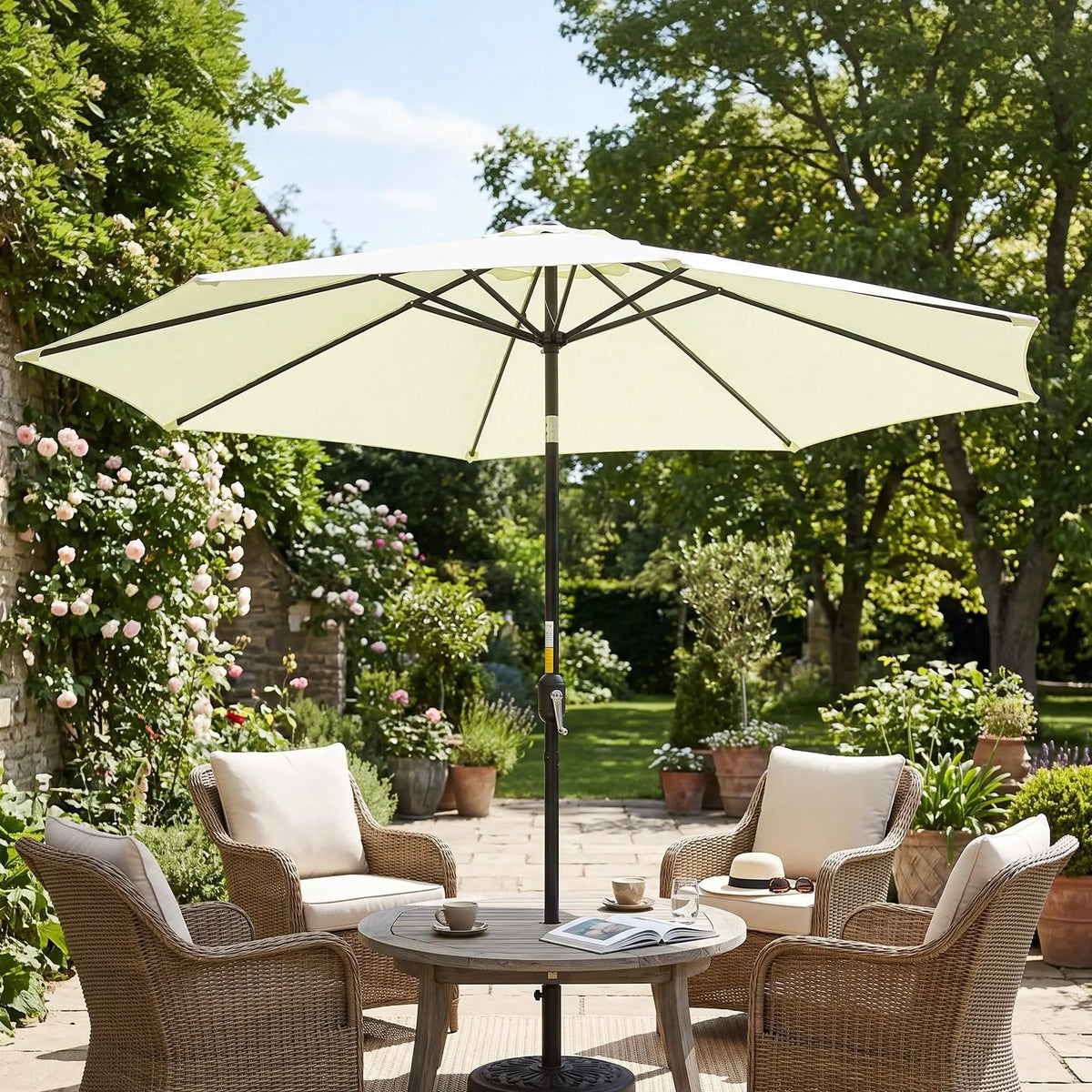 10' x 8' Round Market Umbrella, Crank Handle, Tilt, Beige Sun Umbrellas at Gallery Canada