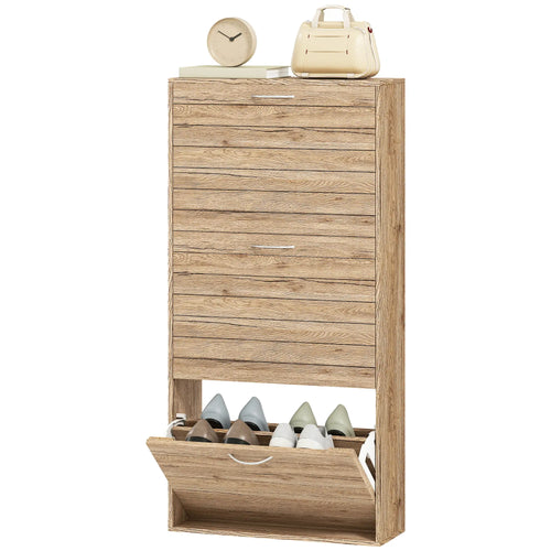 Shoe Storage Cabinet, 3 Flip Drawers, 12 Pair Organizer, Oak