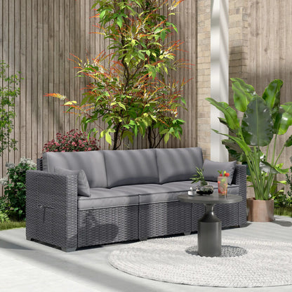 3 Seater Wicker Patio Sofa, 6" Thick Cushions, Deep Seating, Grey Patio Furniture Sets at Gallery Canada