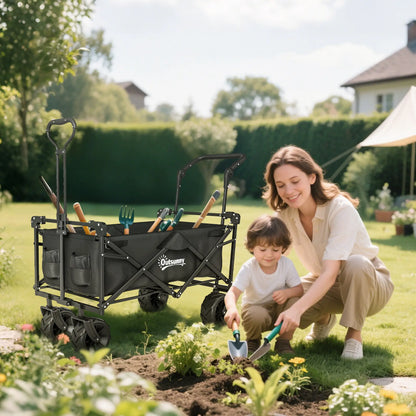 80L Folding Wagon Cart, Heavy-Duty Collapsible, Adjustable Handle, Black Folding Garden Carts at Gallery Canada