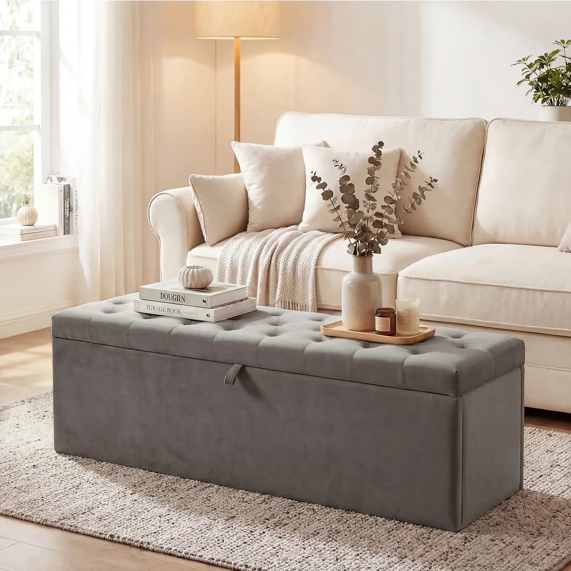 Storage Ottoman Bench, Button Tufted Velvet, Grey Storage Ottomans & Benches at Gallery Canada