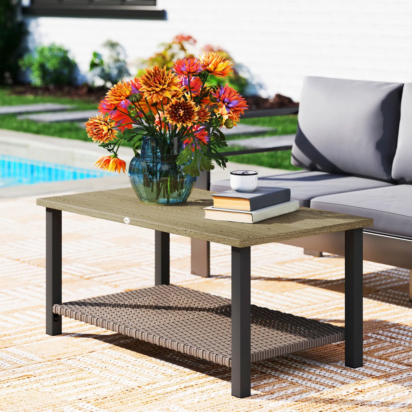 2-Tier Rectangle Outdoor Coffee Table, Wood-Effect Metal Top, Wicker Shelf, Brown Patio Side Tables at Gallery Canada