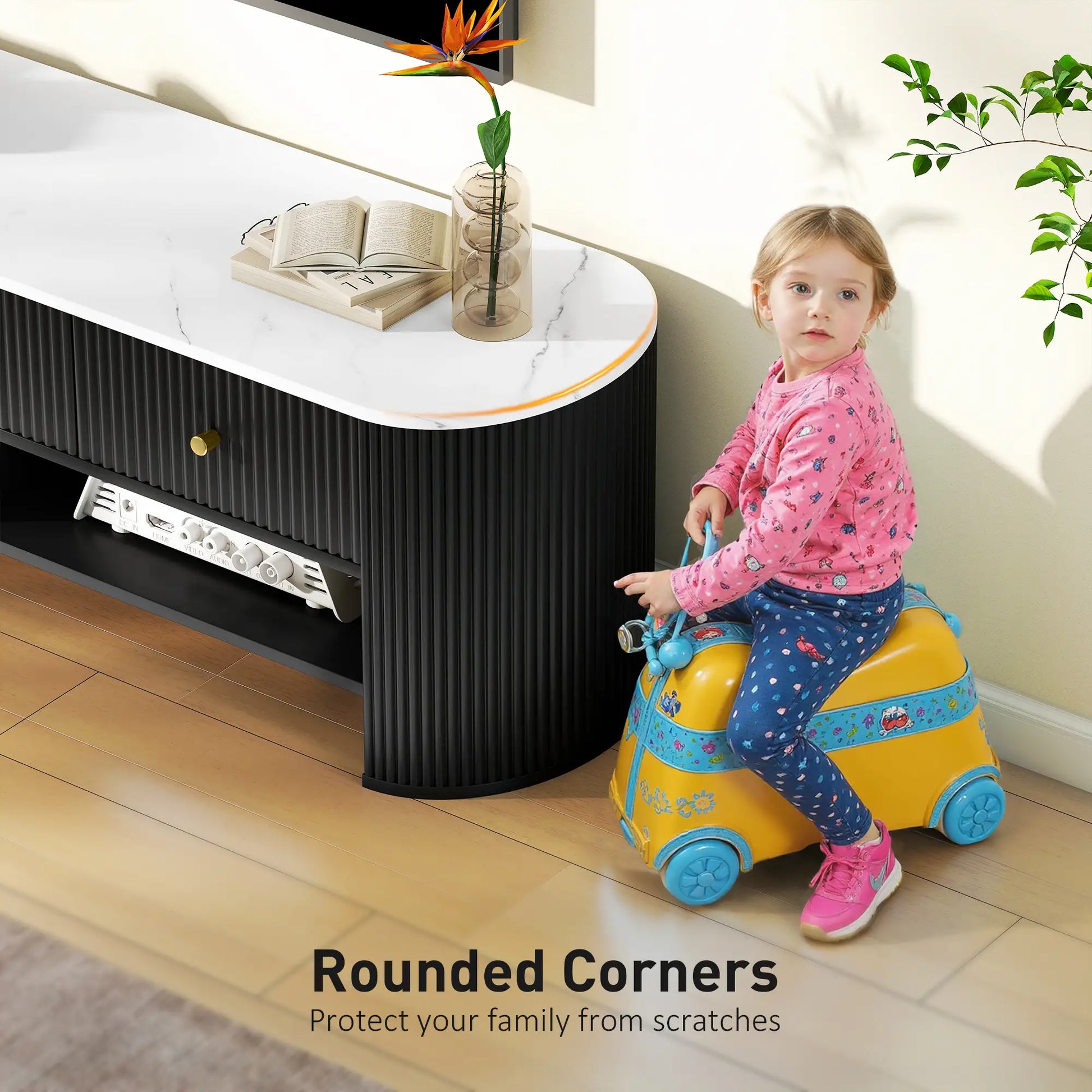 Modern TV Stand, Marble-Effect Top, 3 Drawers, 2 Shelves, 32-65 Inch, Black TV Stands at Gallery Canada