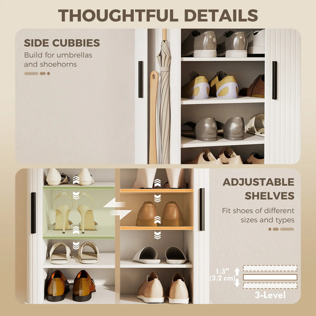Shoe Cabinet Adjustable Shelves Side Cubbies Tambour Door, White