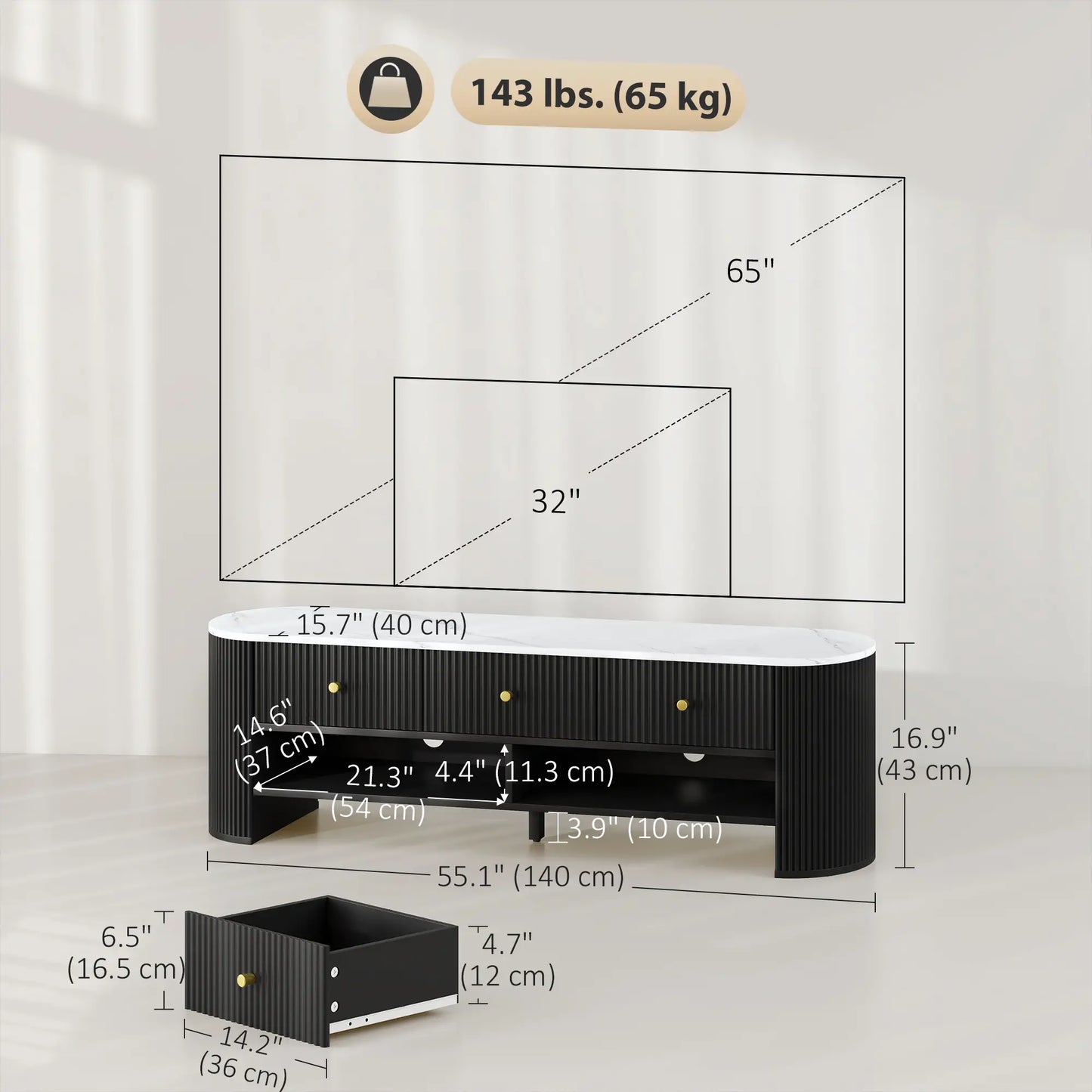 Modern TV Stand, Marble-Effect Top, 3 Drawers, 2 Shelves, 32-65 Inch, Black TV Stands at Gallery Canada