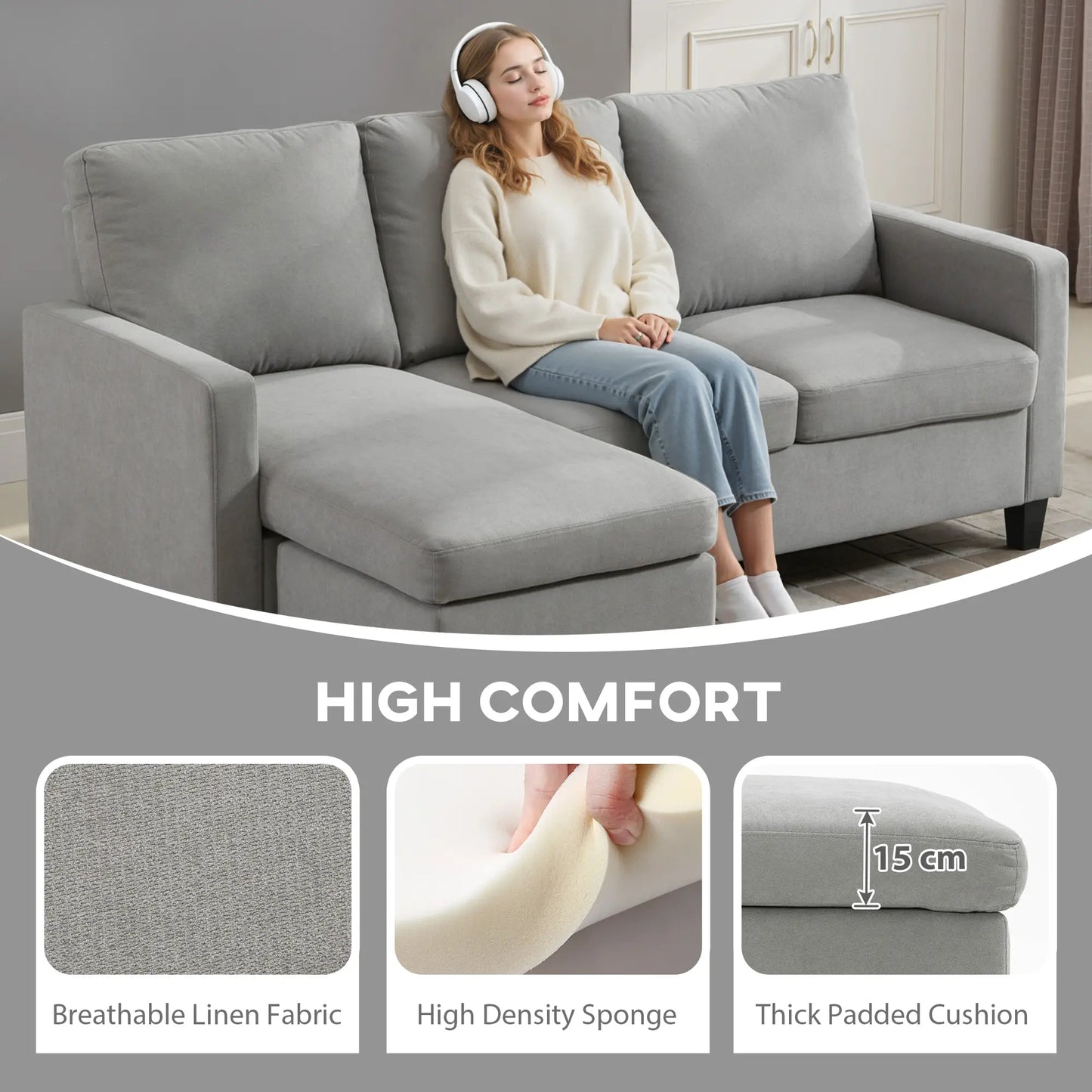 L-Shape Sectional Sofa with Ottoman, Modern Living Room Couch, Light Grey