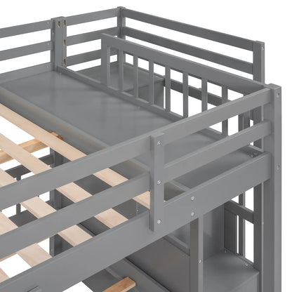 Twin Over Full Bunk Bed with Drawers, Guardrails, Pine Frame, 115" L x 76" W x 64.5" H, Grey Bed Frames at Gallery Canada