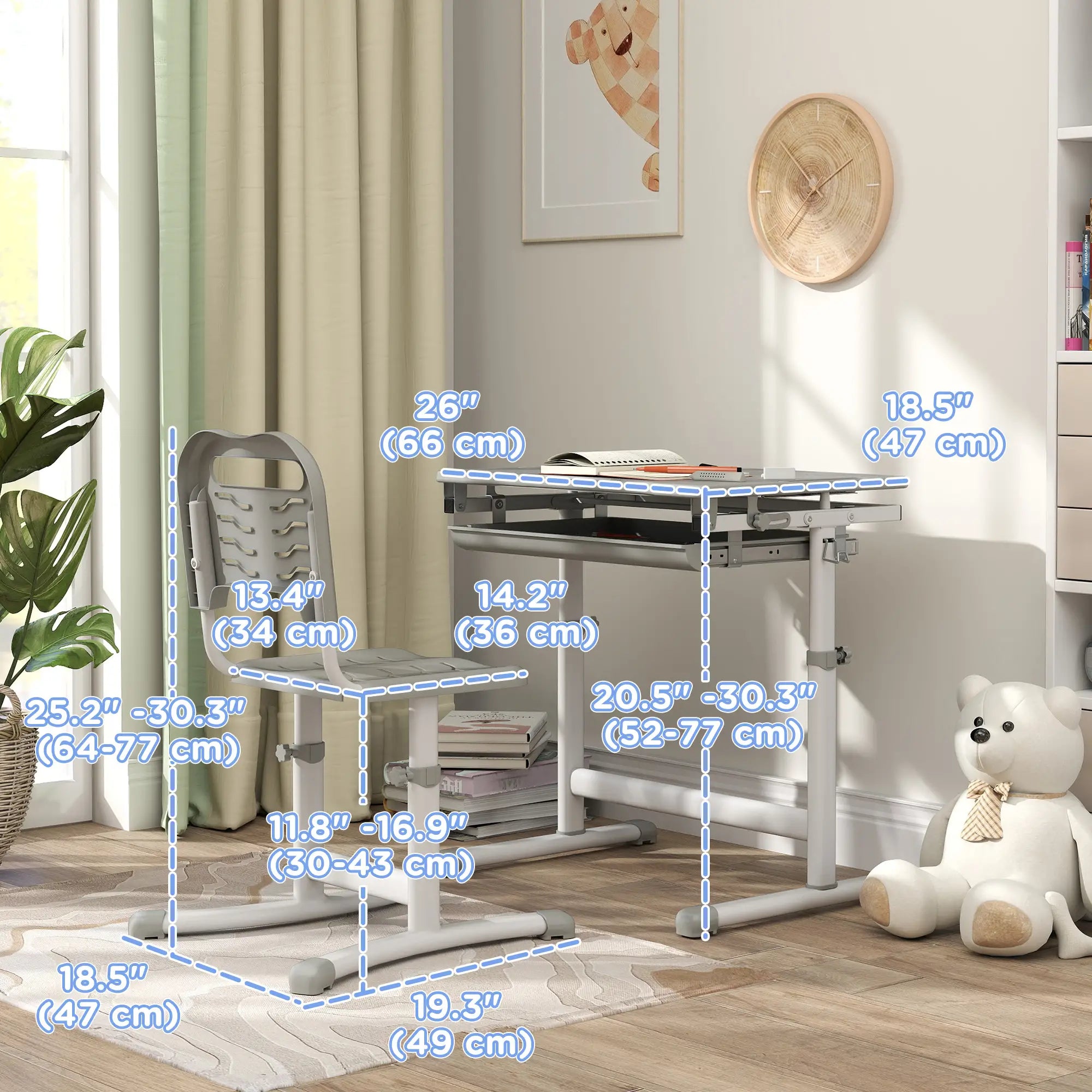 Adjustable Study Table and Chair Set, Drawer, Pen Slot, Grey Kids Desk Sets at Gallery Canada