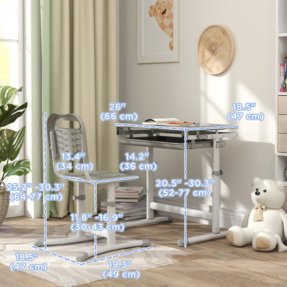 Adjustable Study Table and Chair Set, Drawer, Pen Slot, Grey Kids Desk Sets at Gallery Canada