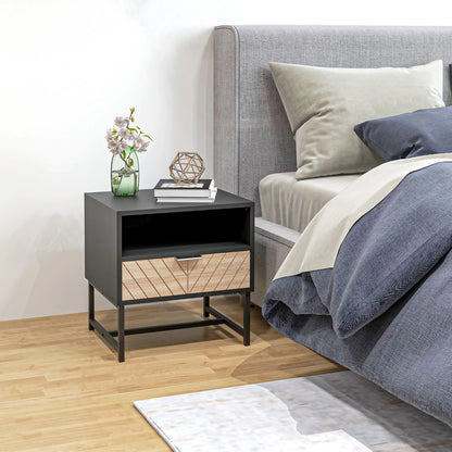 Modern Bedside Table with Drawer, Storage Shelf, Oak, Black Bedside Tables at Gallery Canada
