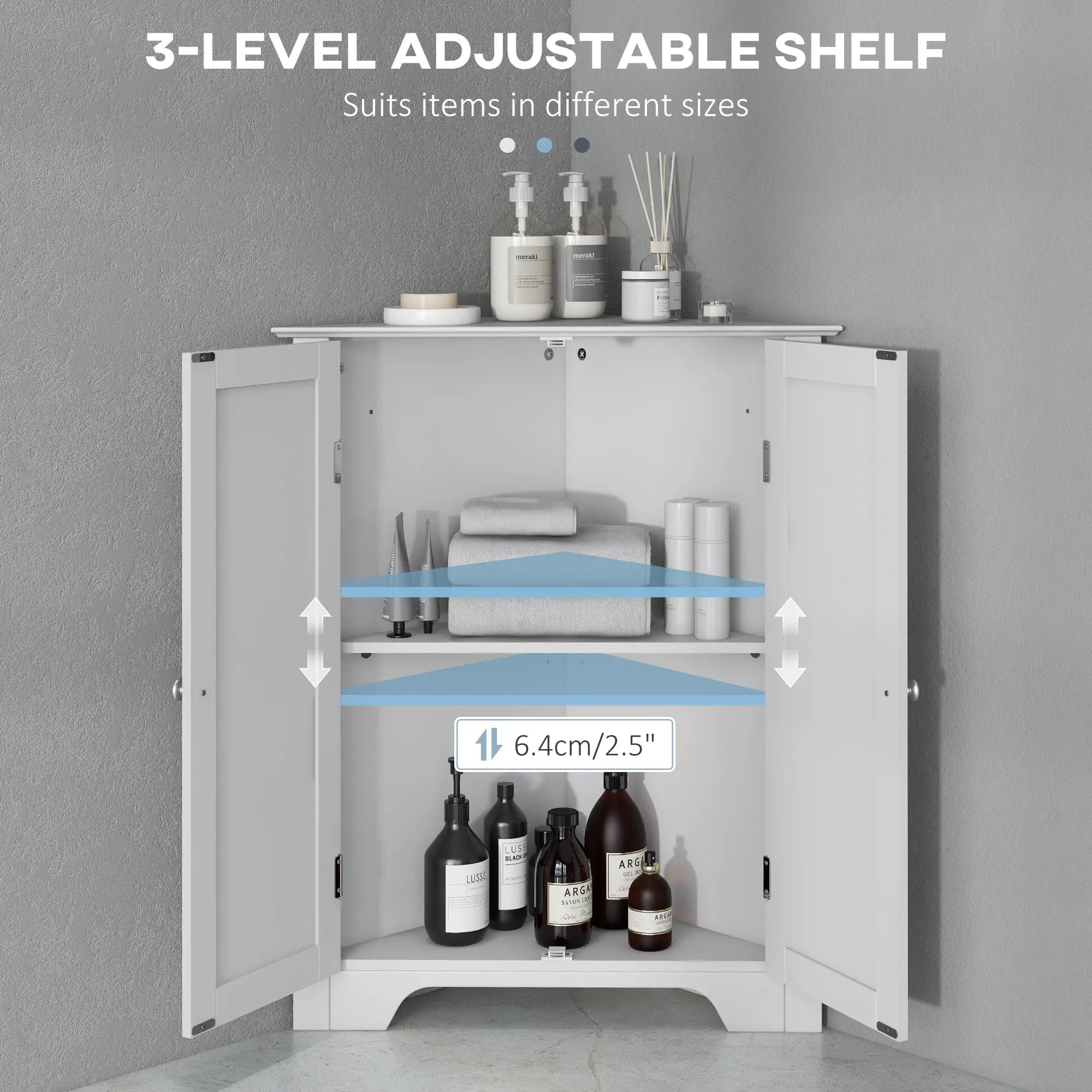 Modern Bathroom Storage Cabinet, Corner with Doors, Adjustable Shelf, White Bathroom Cabinets at Gallery Canada