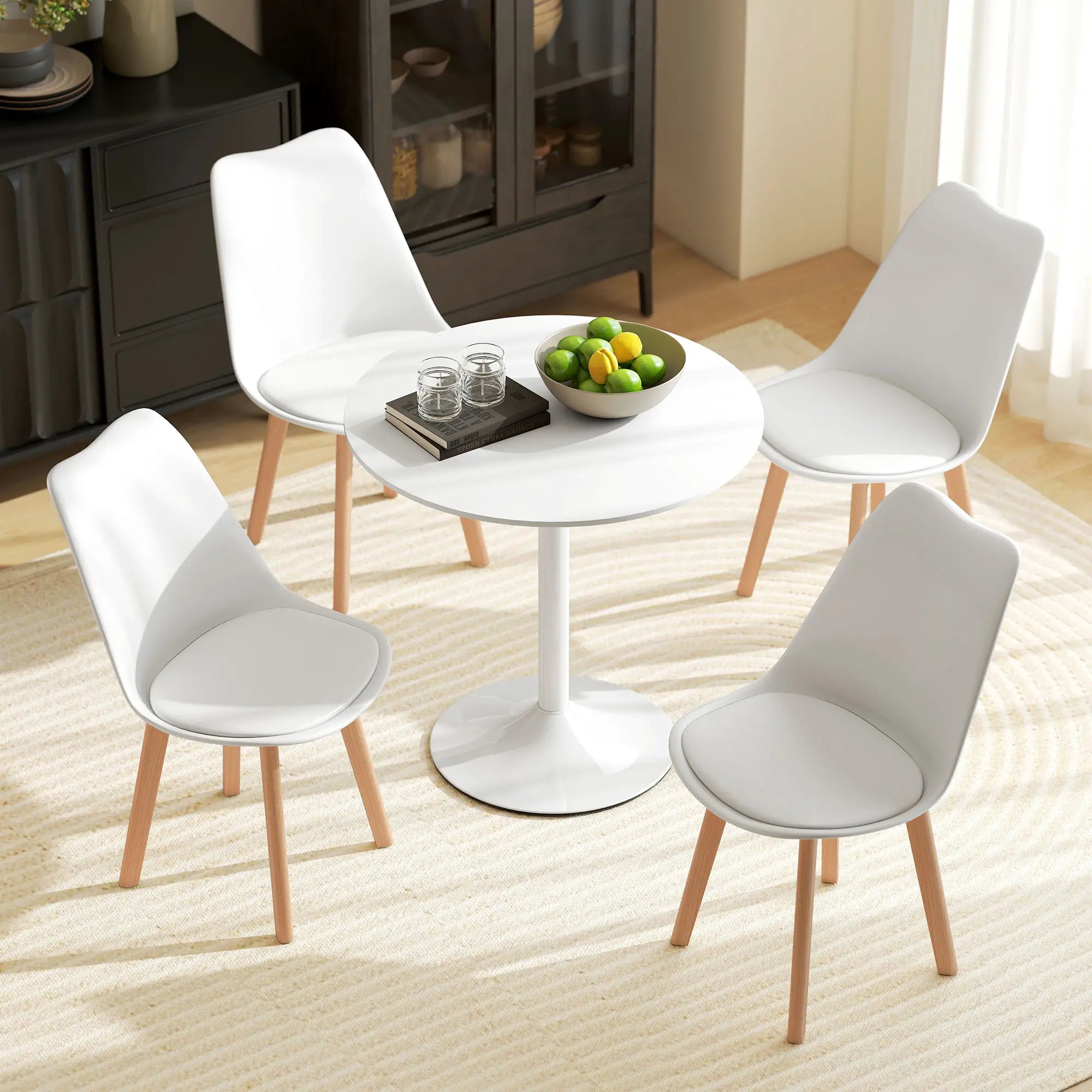 Round Dining Table Set for 4, Pedestal Base, PU Padded Seats, White Dining Table Sets at Gallery Canada