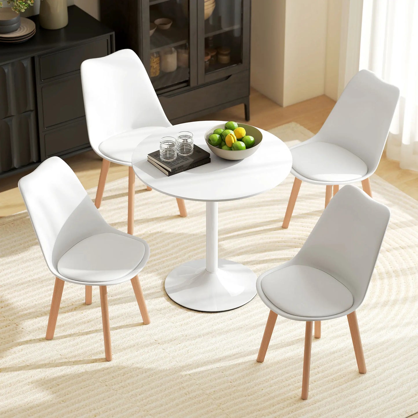 Round Dining Table Set for 4, Pedestal Base, PU Padded Seats, White Dining Table Sets at Gallery Canada