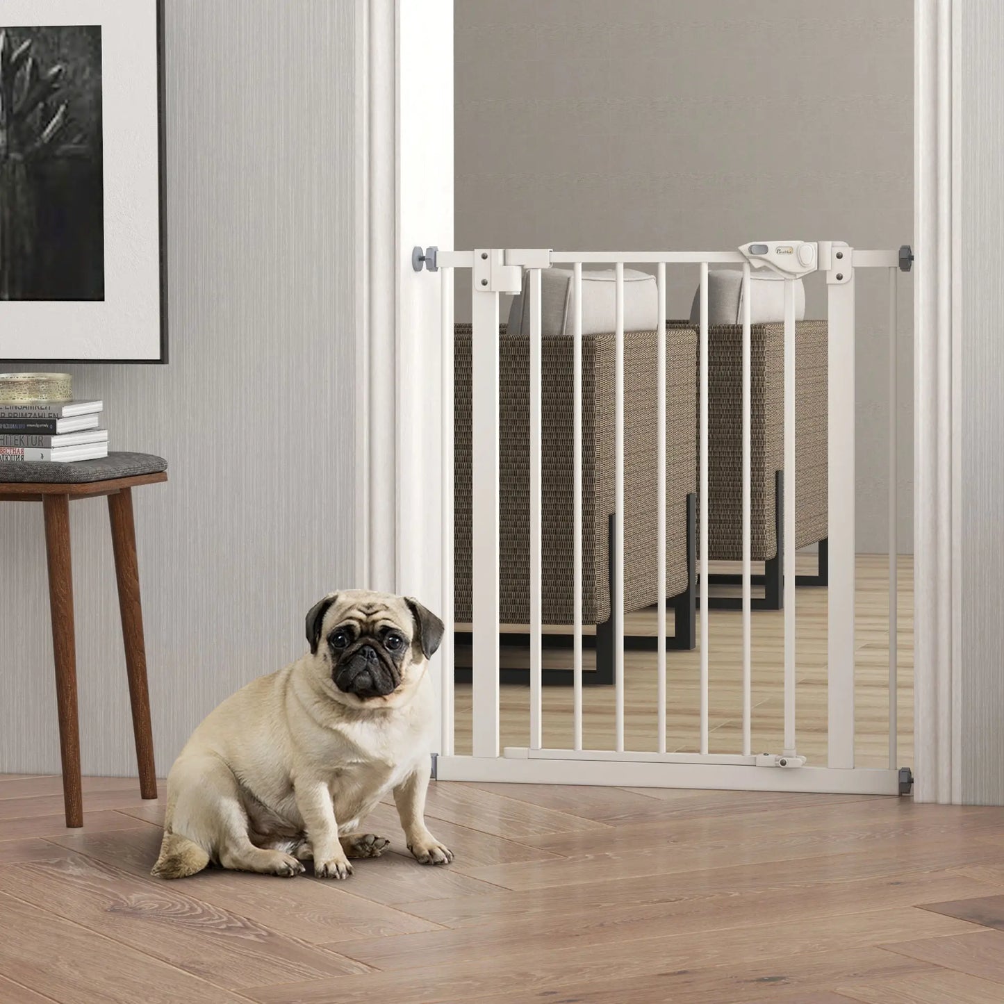 30 Inch Tall Pet Gate with Door, Indoor for Stairs, Pressure Mounted, White Houses, Kennels & Pens at Gallery Canada