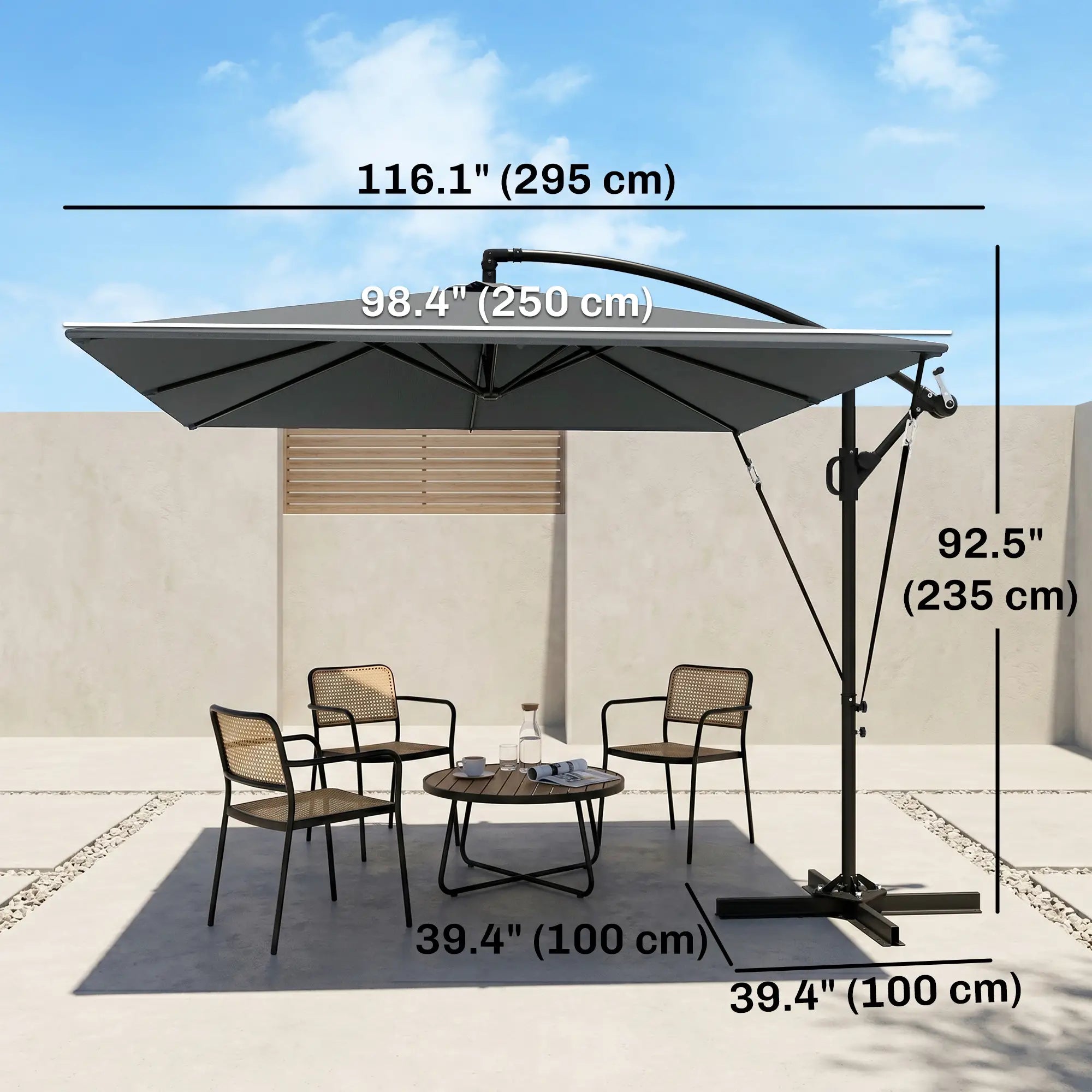 Patio Offset Umbrella, Crank Parasol With Base, Cover, Wind Securing, Khaki Offset Cantilever Umbrellas at Gallery Canada