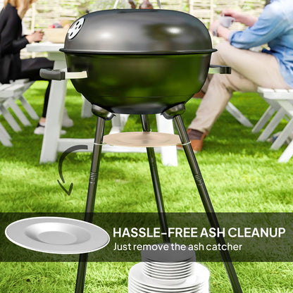 17" Charcoal BBQ Grill With Shelf, Ash Catcher, Wheels, Black