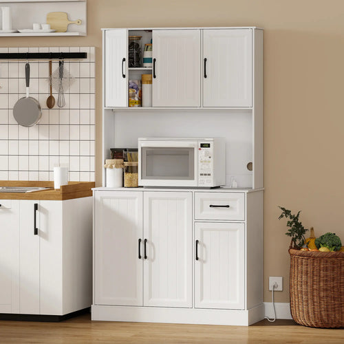 71 Inch Pantry Cabinet with Charging Station, Microwave Stand, Adjustable Shelves, White
