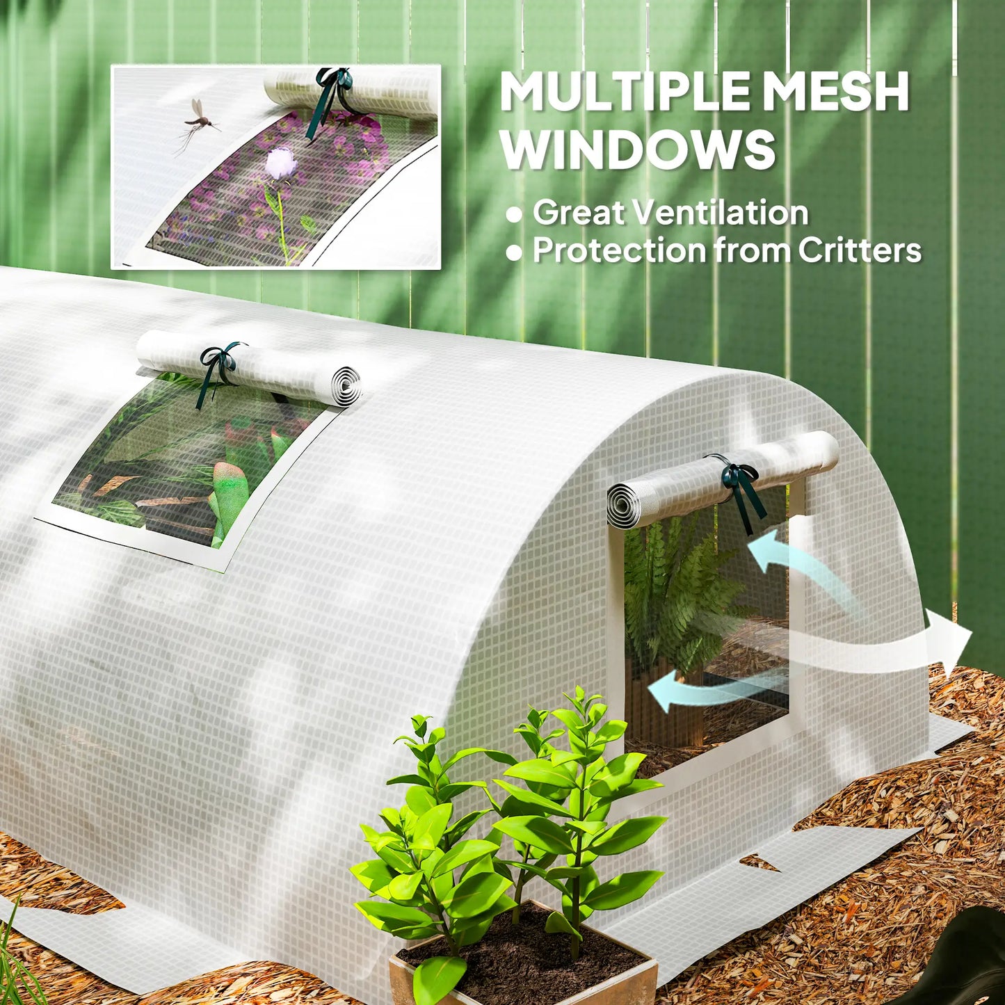 Portable Mini Greenhouse, 10' x 3' x 2', 5 Mesh Windows, Steel Frame, White