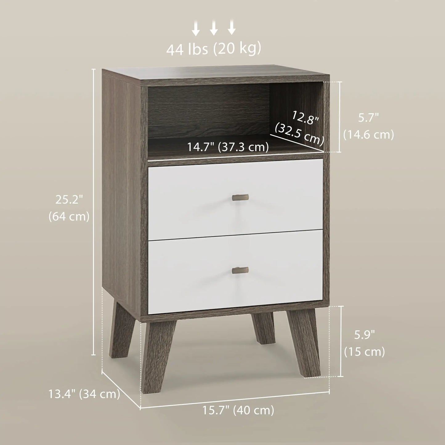 Modern Nightstand Set of 2, 3 Drawers, Open Storage, Grey Bedside Tables at Gallery Canada
