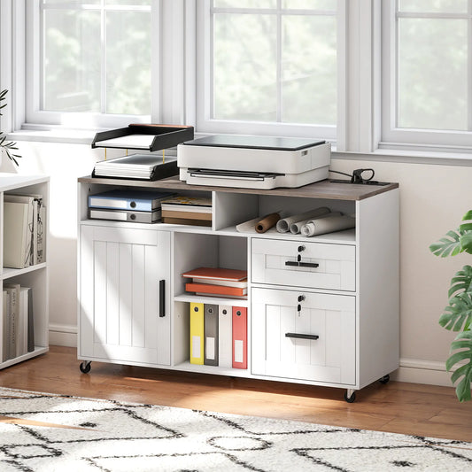 Mobile Printer Stand with Charging Station, Locking Filing Cabinet for A4 and Letter Size, White Office Cabinets & Cupboards White, Brown at Gallery Canada