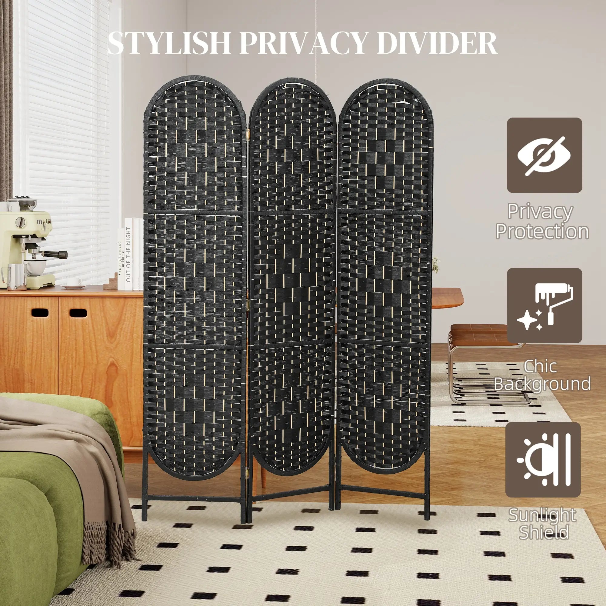 Bohemian Privacy Screen, 3 Panel Folding Room Divider, Arched Top, Black Room Dividers at Gallery Canada